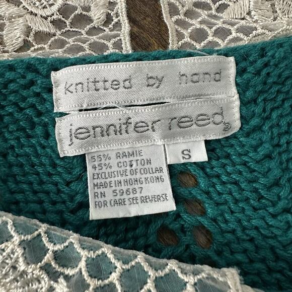 Vtg Hand Knit Crochet Sweater Womens S Green Lace Collar Cottage Modest Coquette - Picture 7 of 11